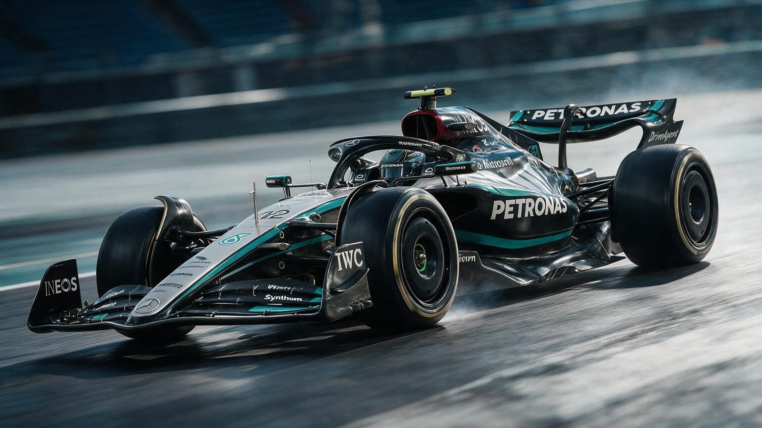 Editorial illustration of Mercedes-AMG W17, Mercedes car number 12, in a racing setting
