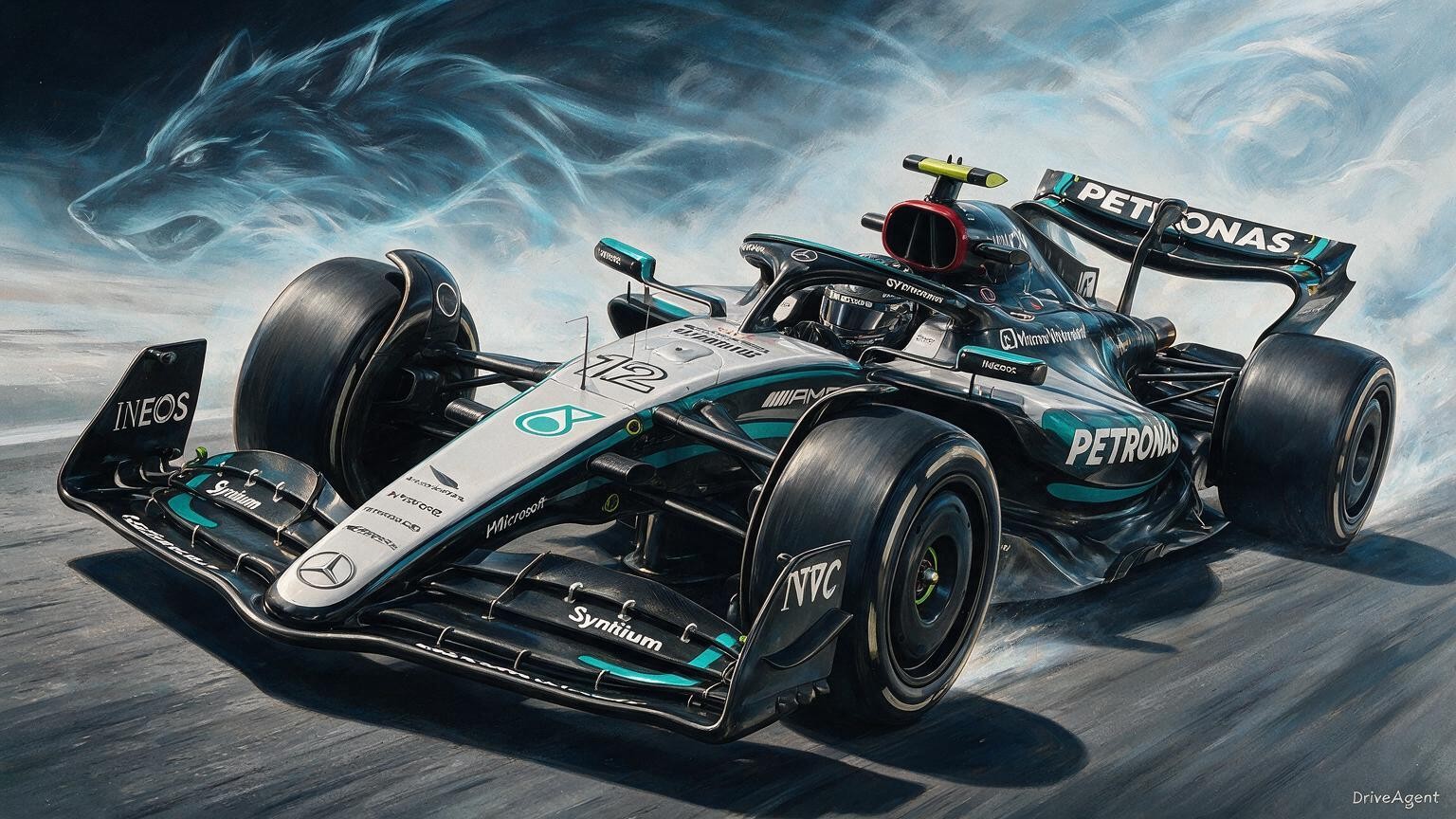 Editorial illustration of Mercedes-AMG W17, Mercedes car number 12, in a racing setting
