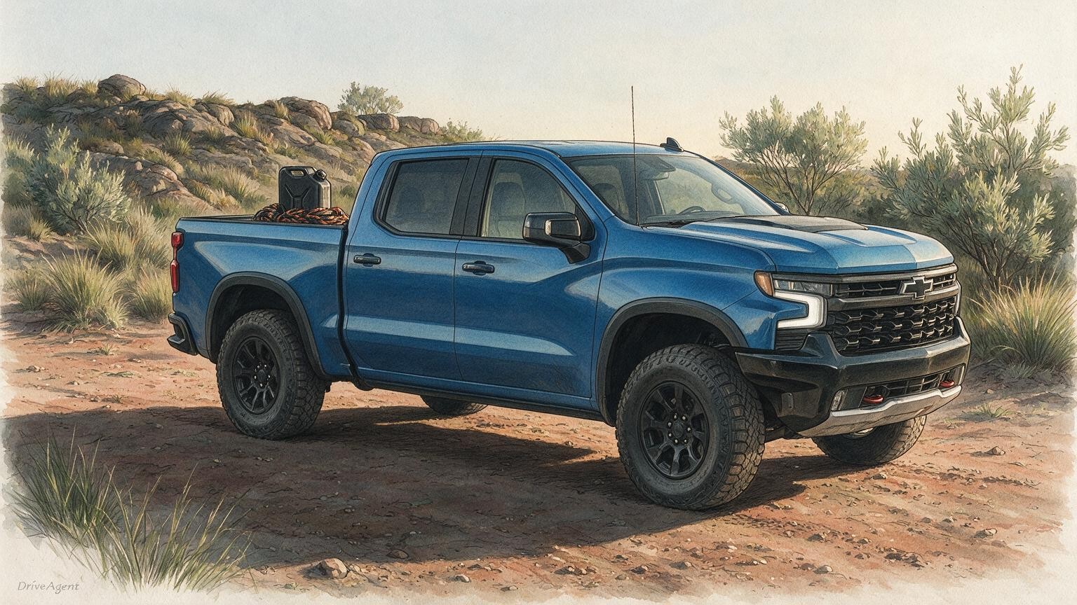 AI editorial illustration of the Chevrolet Silverado ZR2