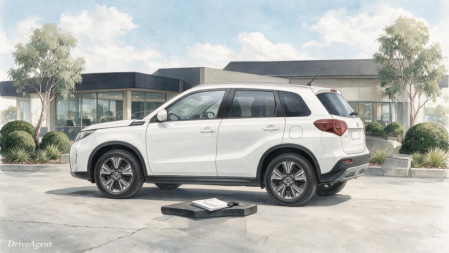 AI editorial illustration of the Suzuki Vitara Turbo Hybrid