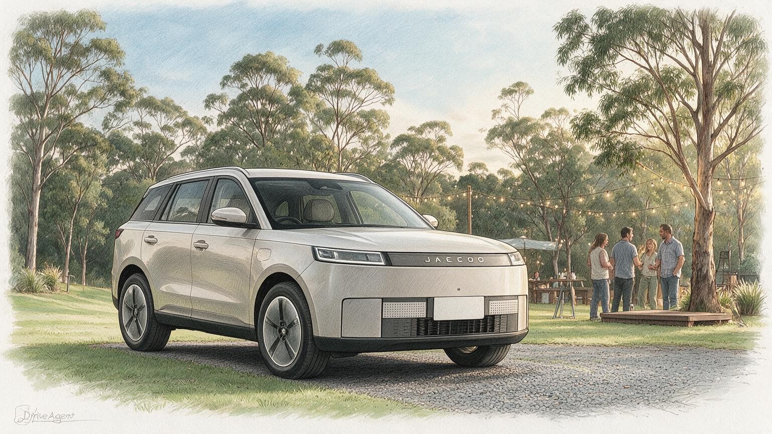 AI editorial illustration of the Jaecoo J5 EV