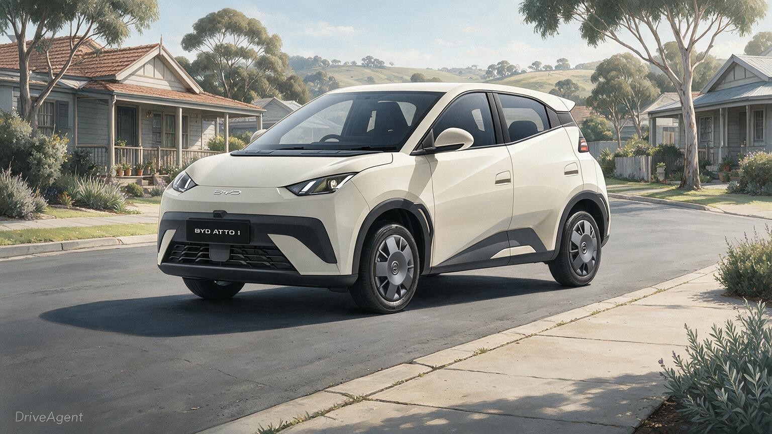 AI editorial illustration of a BYD Atto 1 Essential, Australian manufacturer configurator reference