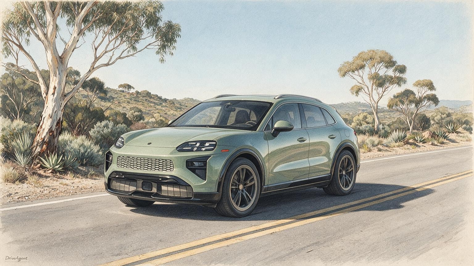 AI editorial illustration of the Porsche Cayenne Turbo Electric