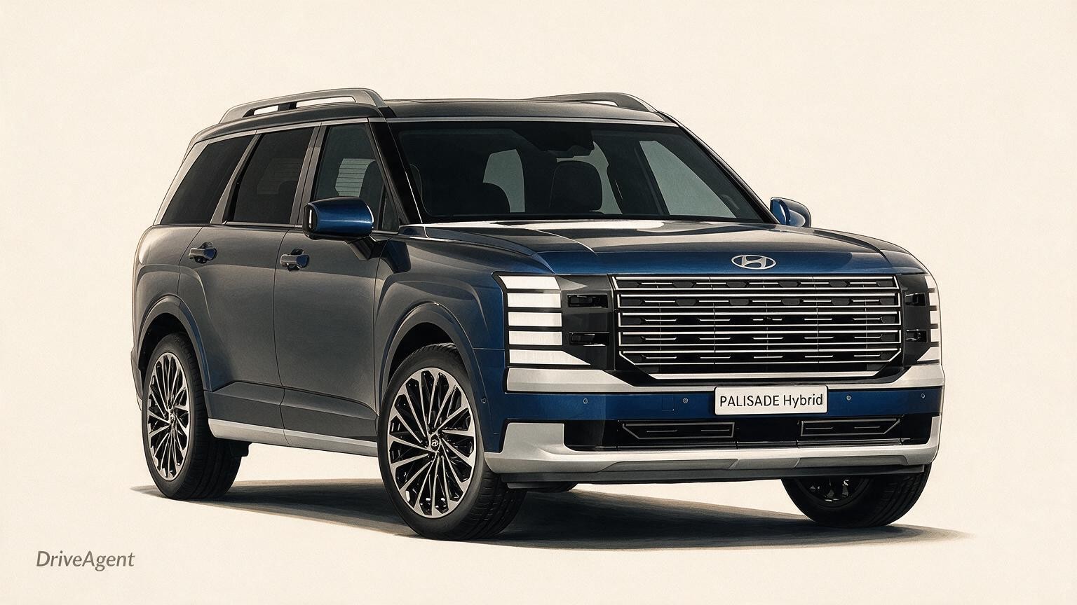 AI editorial illustration of a 2026 Hyundai Palisade Hybrid Calligraphy (LX3)
