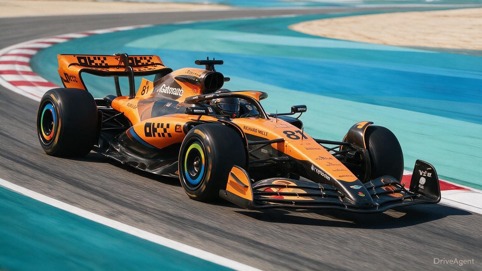 Editorial illustration of McLaren MCL40, McLaren car number 81, in a racing setting