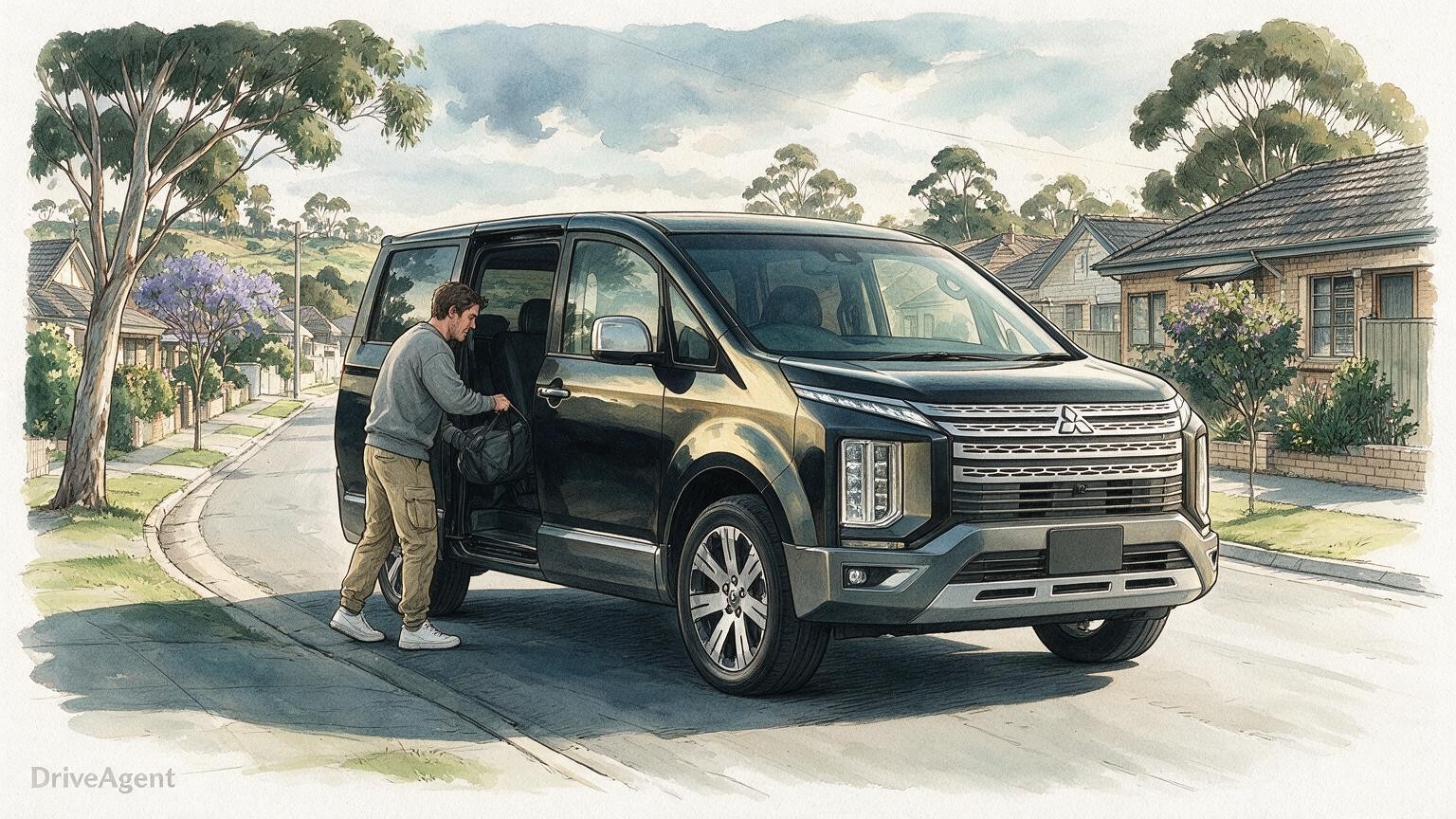 AI editorial illustration of the Mitsubishi Delica D:5, Japanese model shown in 2023 evaluation coverage