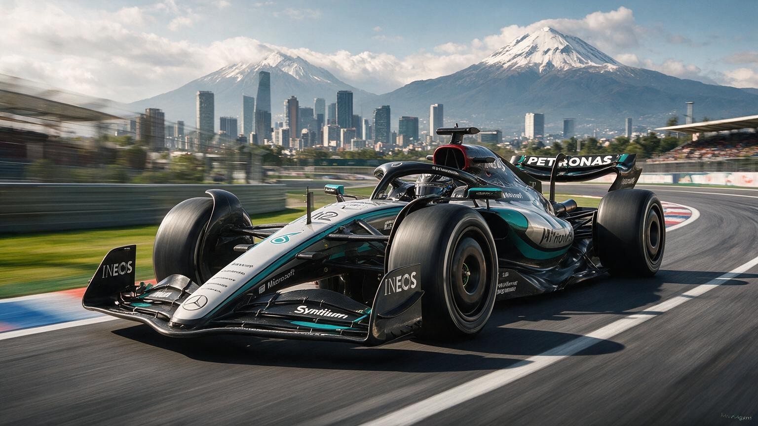 Editorial illustration of Mercedes-AMG W17, Mercedes car number 12, in a racing setting