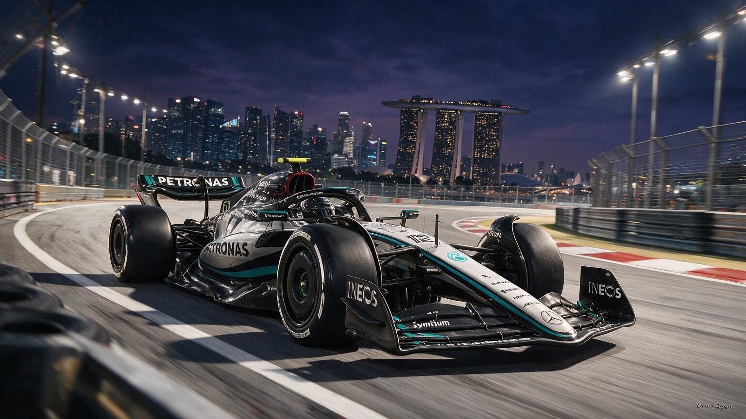Editorial illustration of Mercedes-AMG W17, Mercedes car number 12, in a racing setting