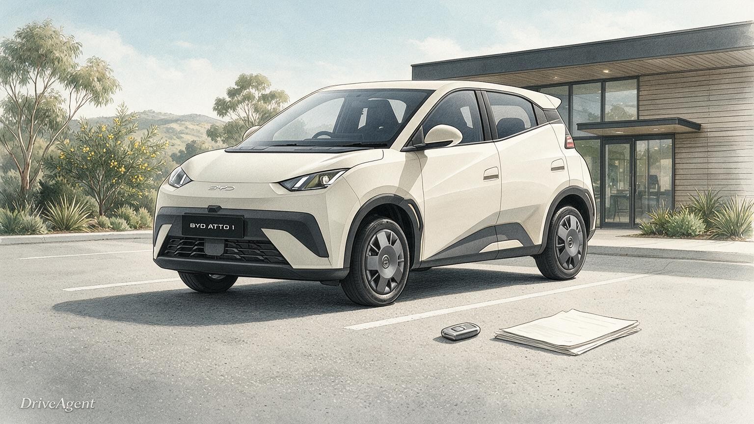 AI editorial illustration of a BYD Atto 1 Essential, Australian manufacturer configurator reference