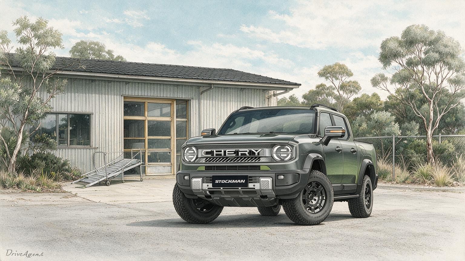 AI editorial illustration of a Chery Stockman diesel plug-in hybrid ute