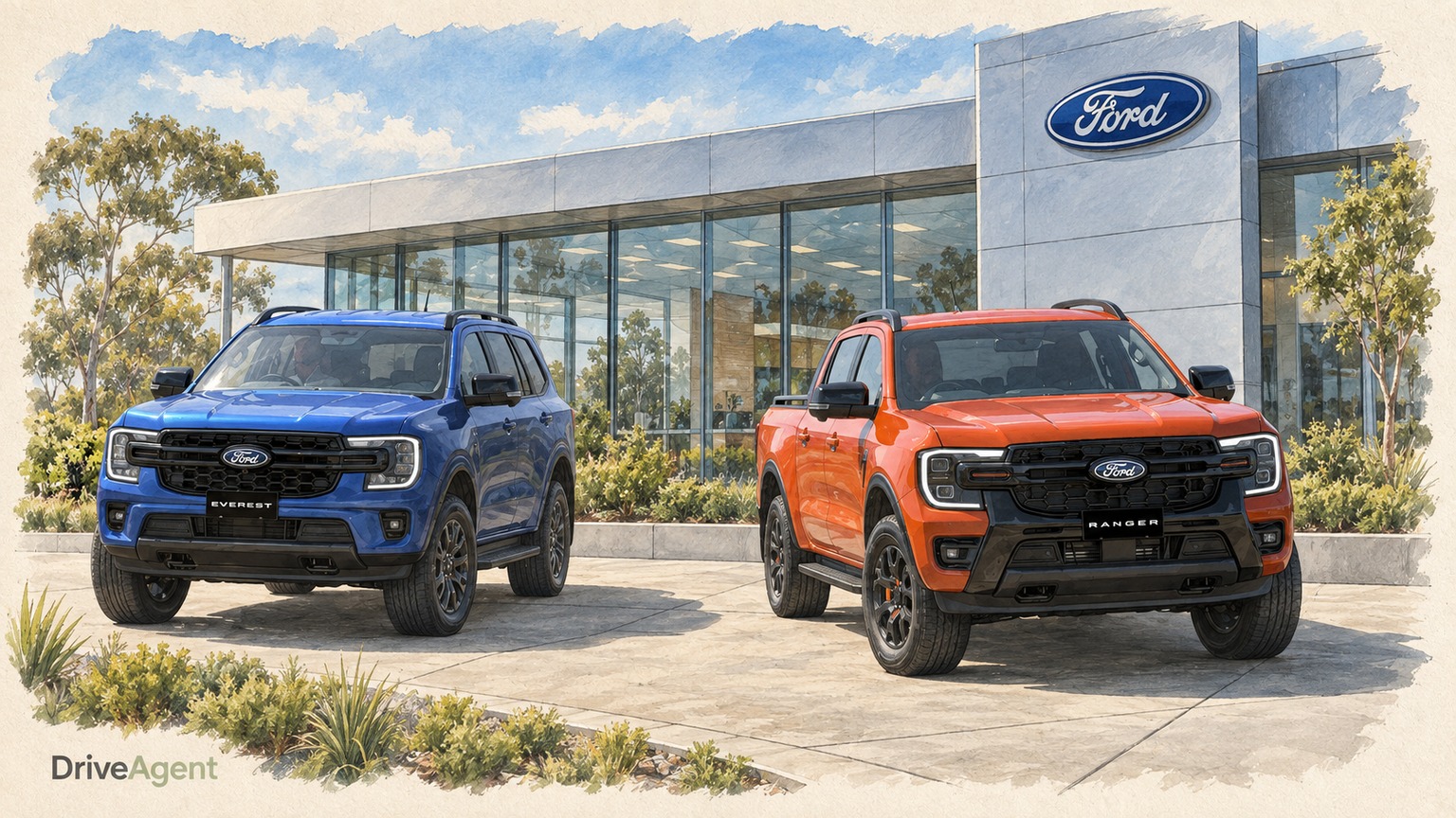 AI editorial illustration of a blue Ford Everest and orange Ford Ranger on a dealership forecourt
