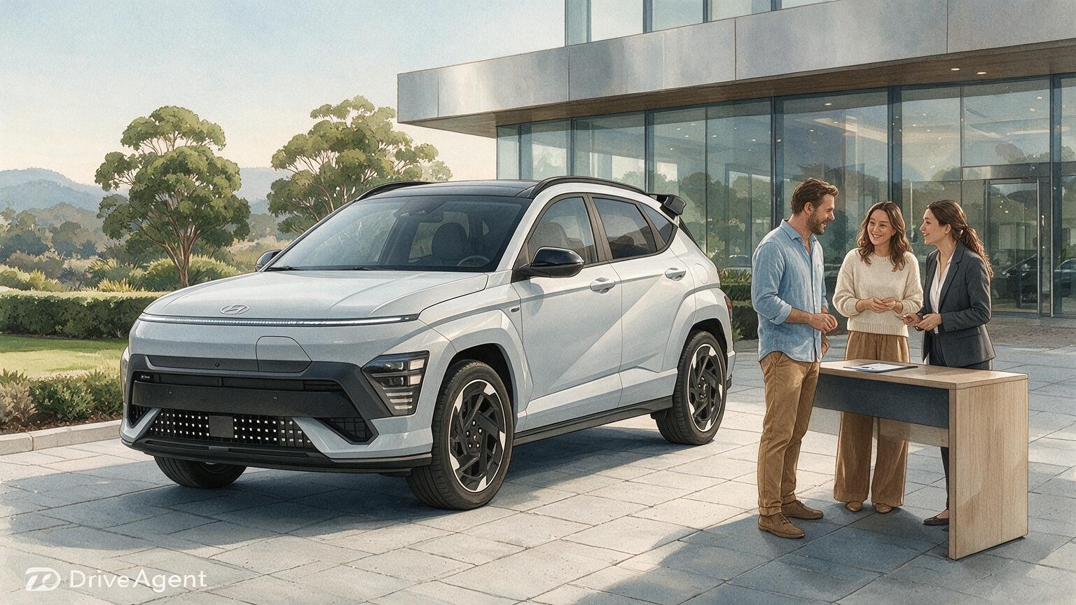 AI editorial illustration of the Hyundai KONA Electric Premium N-Line