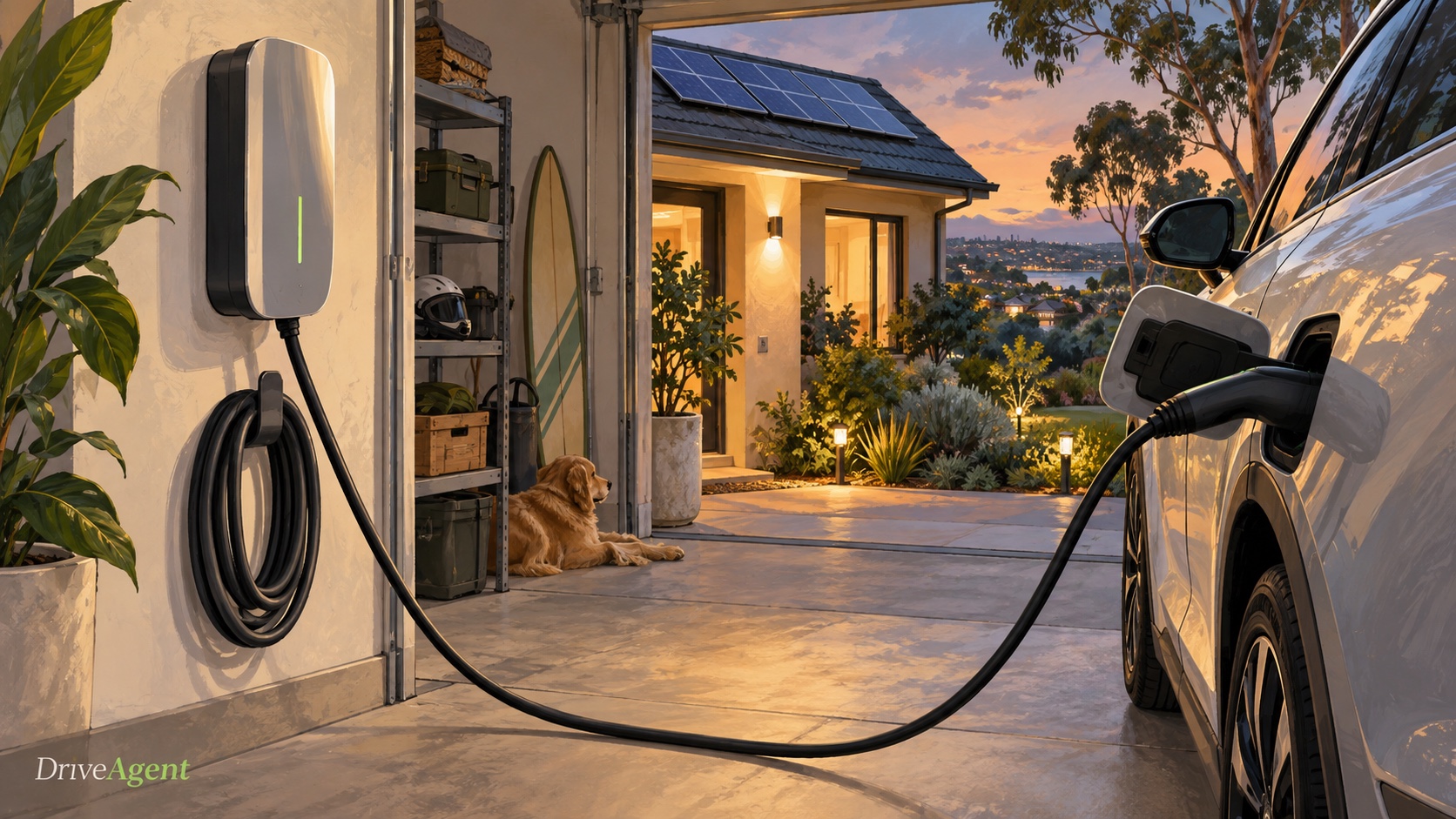 Editorial illustration: A home charging station connected to a car in a suburban garage.