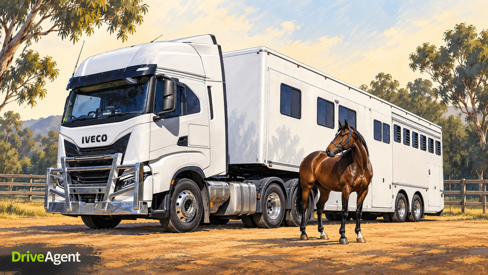 Editorial illustration of a white IVECO S-Way prime mover and horse float beside a bay horse in a rural setting.
