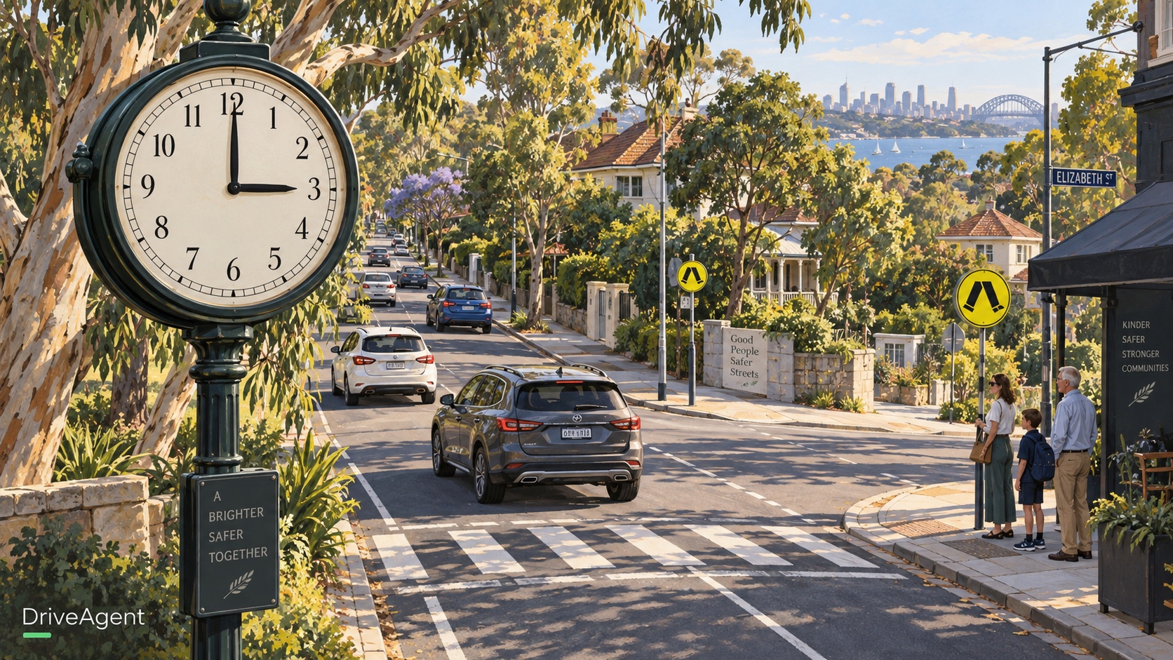 Editorial illustration: Afternoon traffic and a street clock showing three o’clock.
