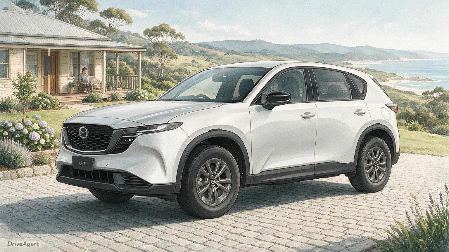 AI editorial illustration of a third-generation Mazda CX-5 G25 Evolve AWD