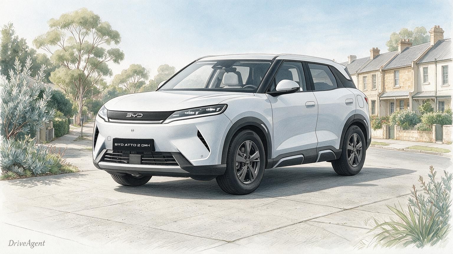 AI editorial illustration of a BYD Atto 2 DM-i Essential, Australian launch configurator reference