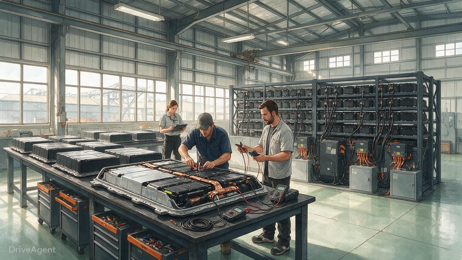 Concept illustration for: Rivian and Redwood Materials expand battery partnership to cover factory scrap, recycling and second-life storage