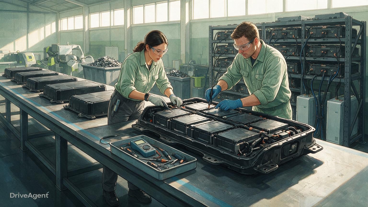 Concept illustration for: Rivian and Redwood Materials expand battery partnership to cover factory scrap, recycling and second-life storage