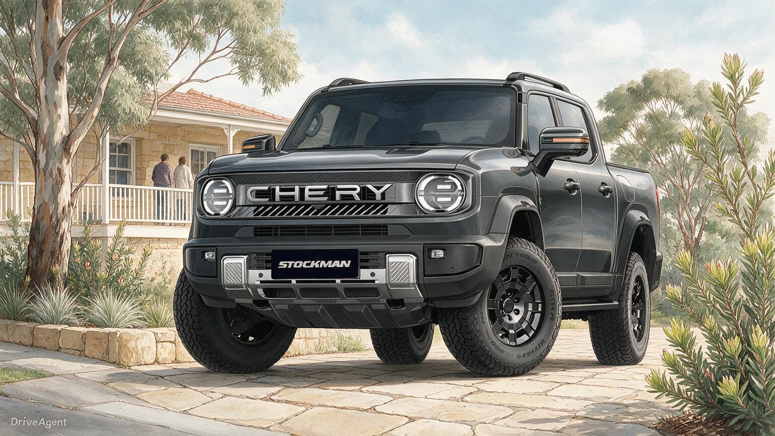 AI editorial illustration of a Chery Stockman diesel plug-in hybrid ute