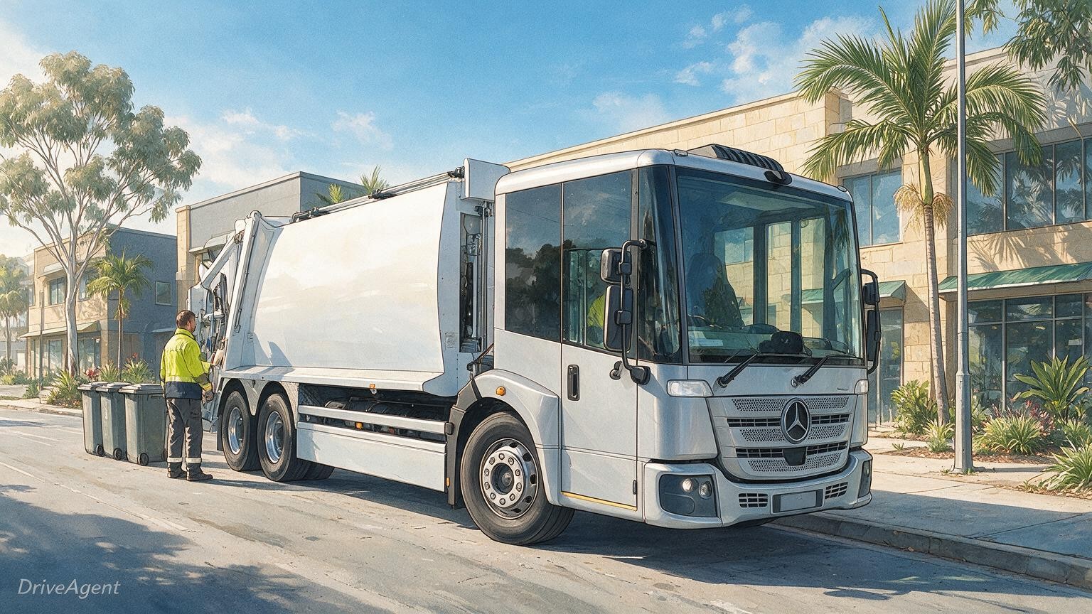 AI editorial illustration of the Mercedes-Benz eEconic 6x2 battery-electric waste collection truck
