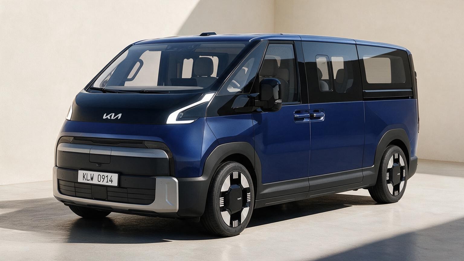 AI editorial illustration of a Kia PV7 passenger van (the blue vehicle in the foreground)
