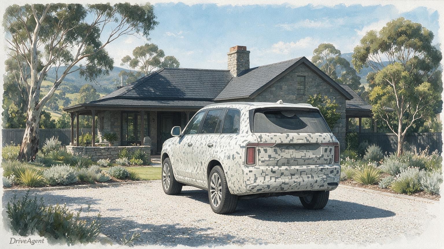 AI editorial illustration of a Tank 800 camouflaged prototype: ONLY the central camouflaged SUV in rear view, excluding both flanking Tank 300 vehicles