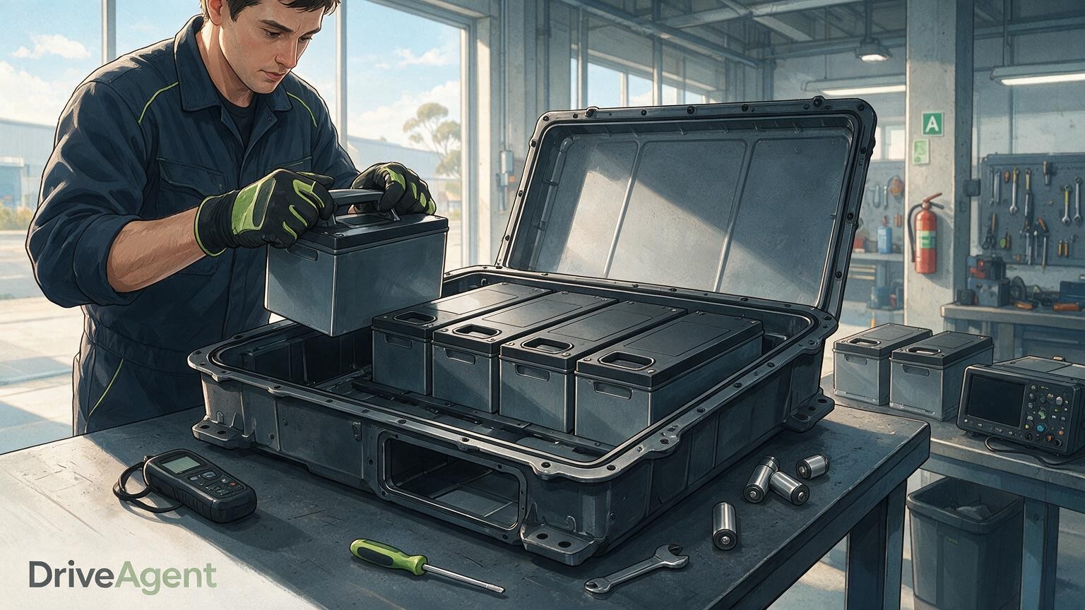 Concept illustration for: Tesla Cybercab battery pack designed for future LFP cells and module-level repair