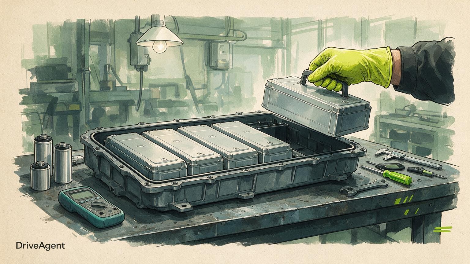 Concept illustration for: Tesla Cybercab battery pack designed for future LFP cells and module-level repair