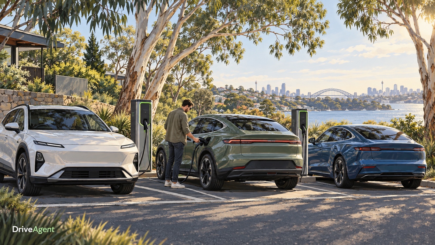 Editorial illustration: Electric vehicles at a leafy charging area.