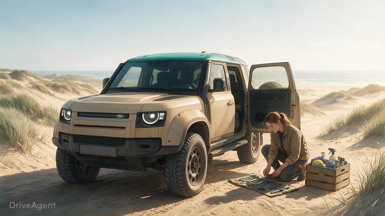 AI editorial illustration of the Land Rover Defender