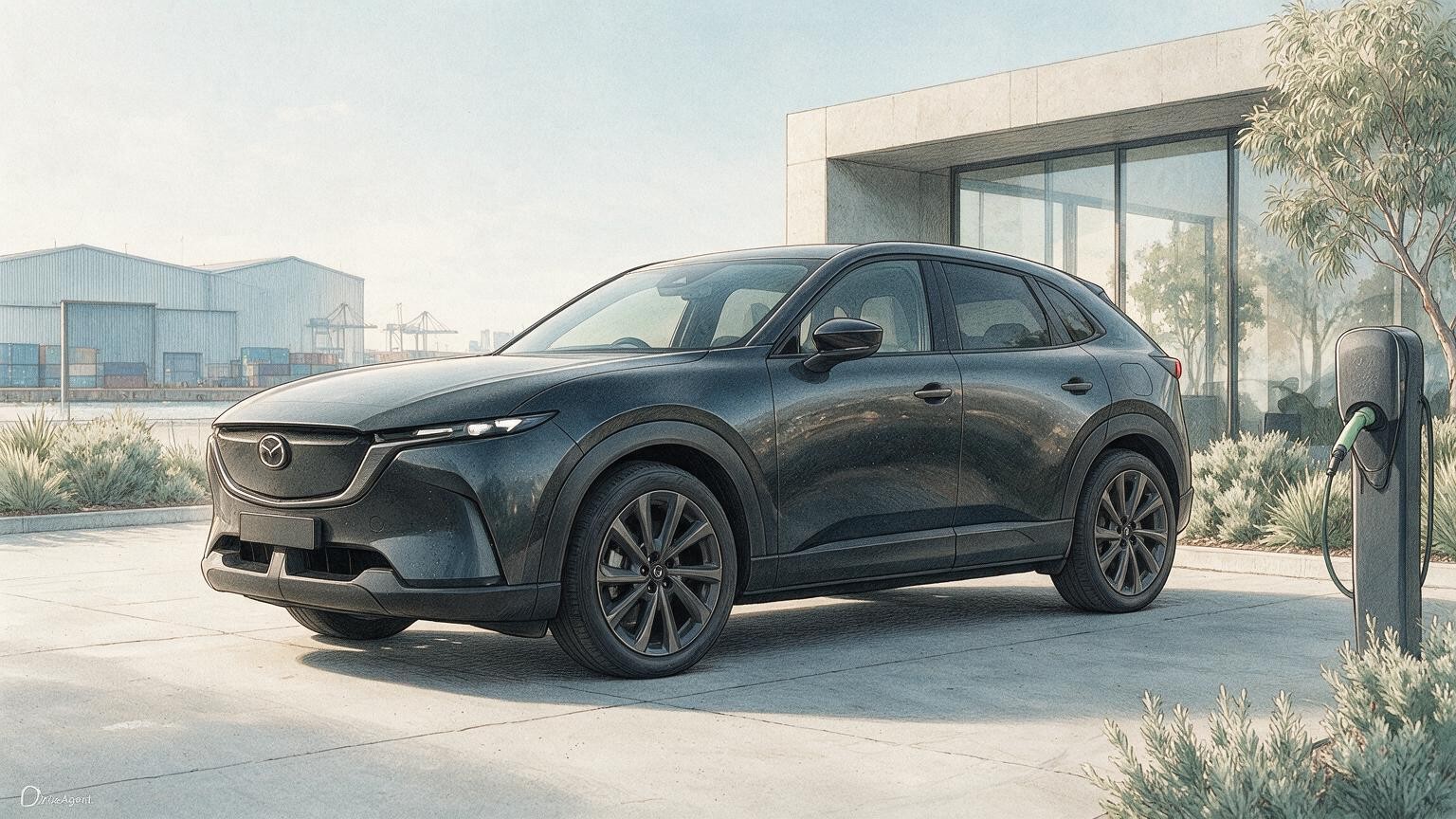AI editorial illustration of the Mazda CX-6e