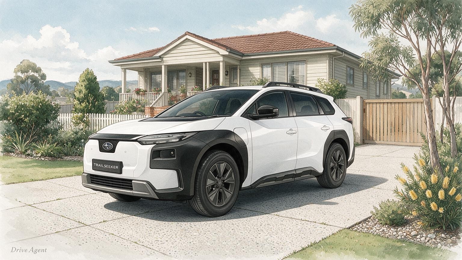 AI editorial illustration of a 2026 Subaru Trailseeker AWD electric wagon (EV)