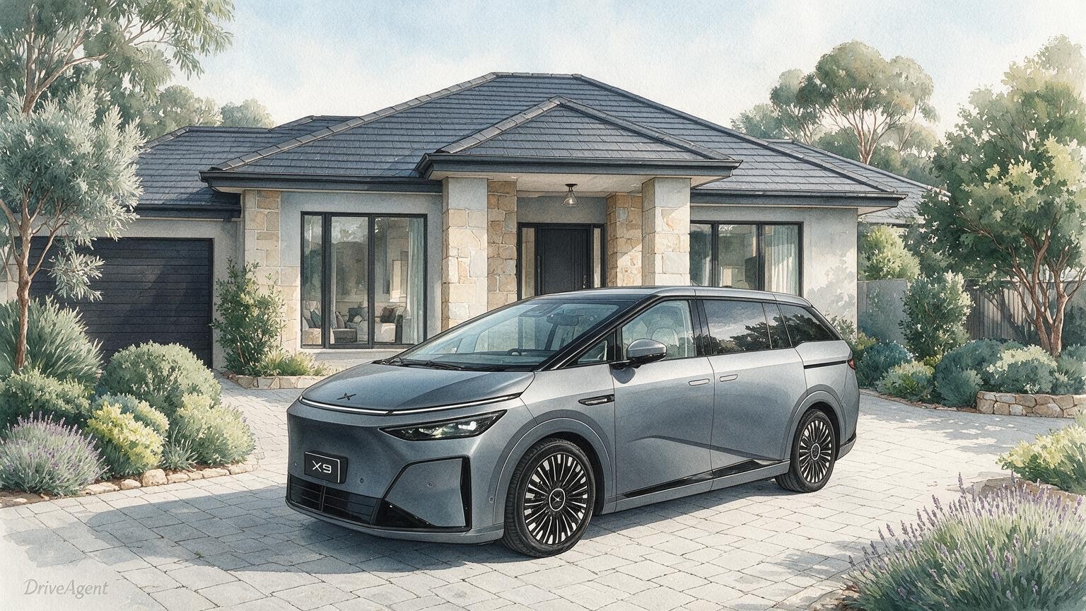 AI editorial illustration of a XPENG X9 battery-electric people mover, Australian launch reference