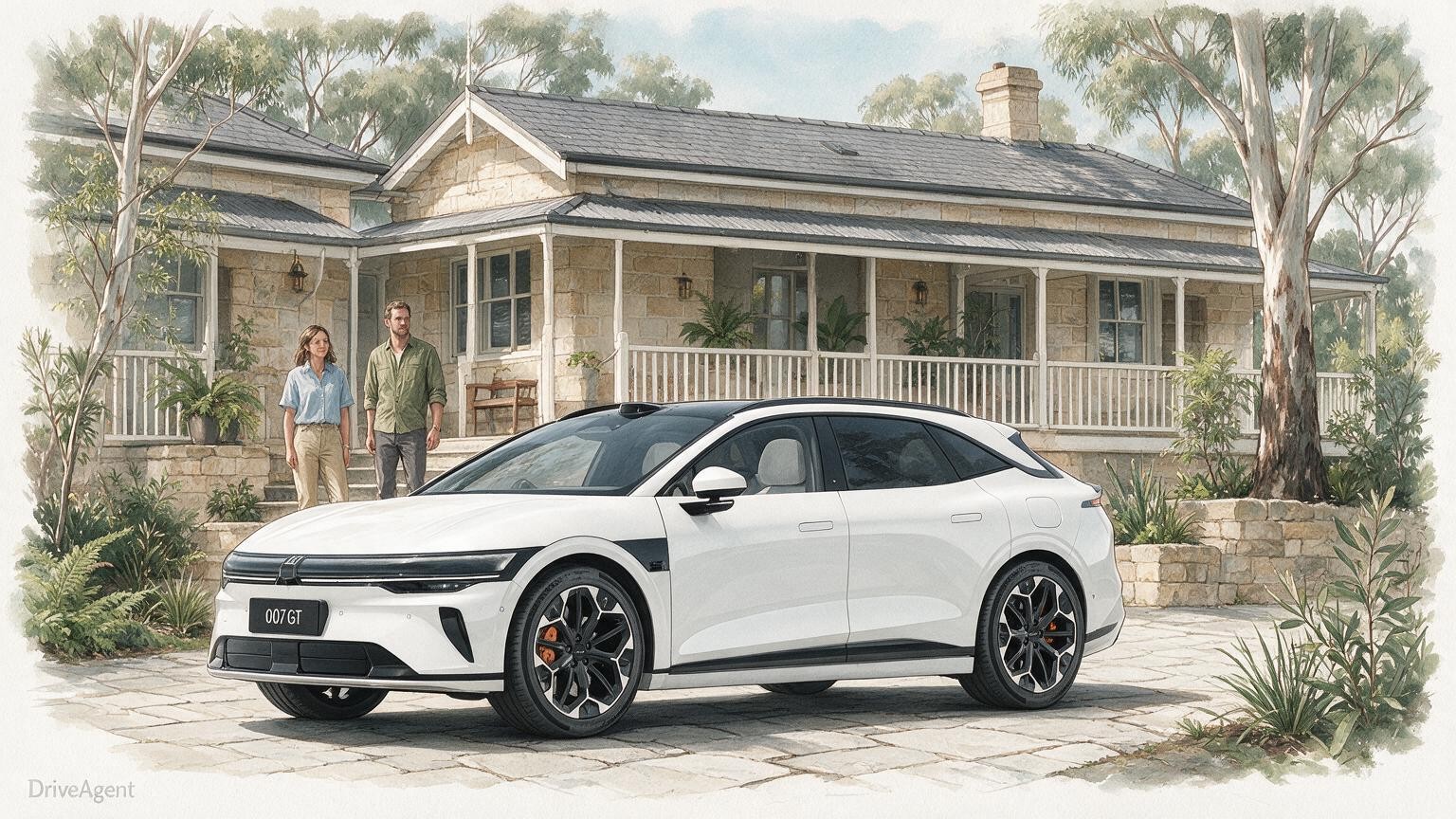 AI editorial illustration of a Zeekr 7GT electric wagon (manufacturer reference labelled 007GT)