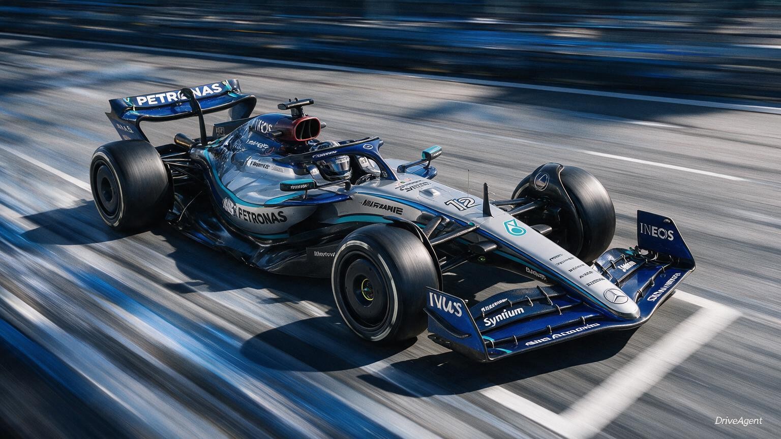Editorial illustration of Mercedes-AMG W17, Mercedes car number 12, in a racing setting