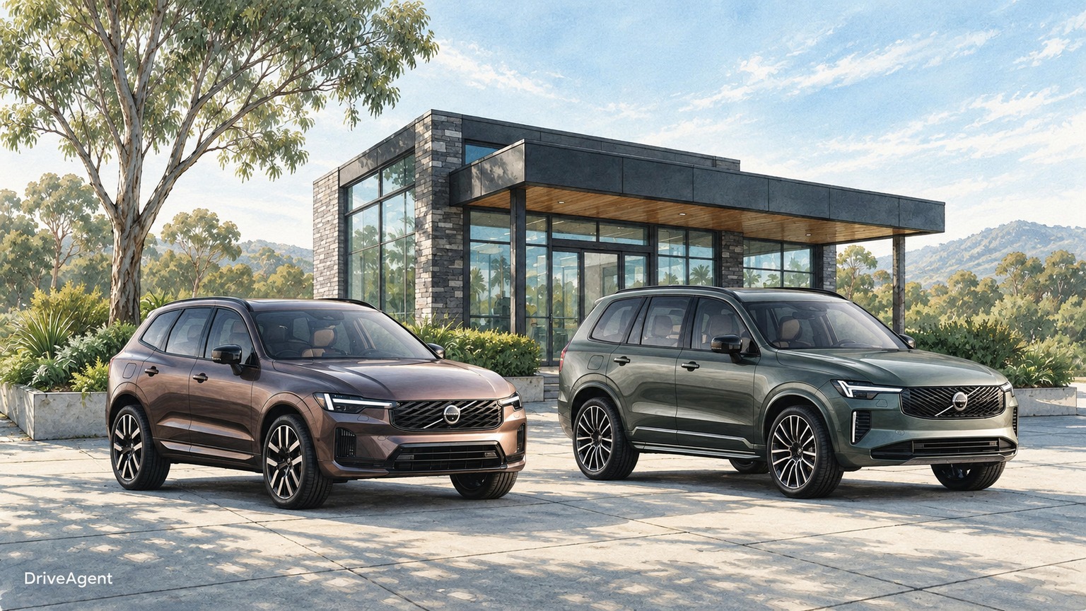 AI editorial illustration of the updated bronze Volvo XC60 and green Volvo XC90 long-range plug-in hybrid SUVs