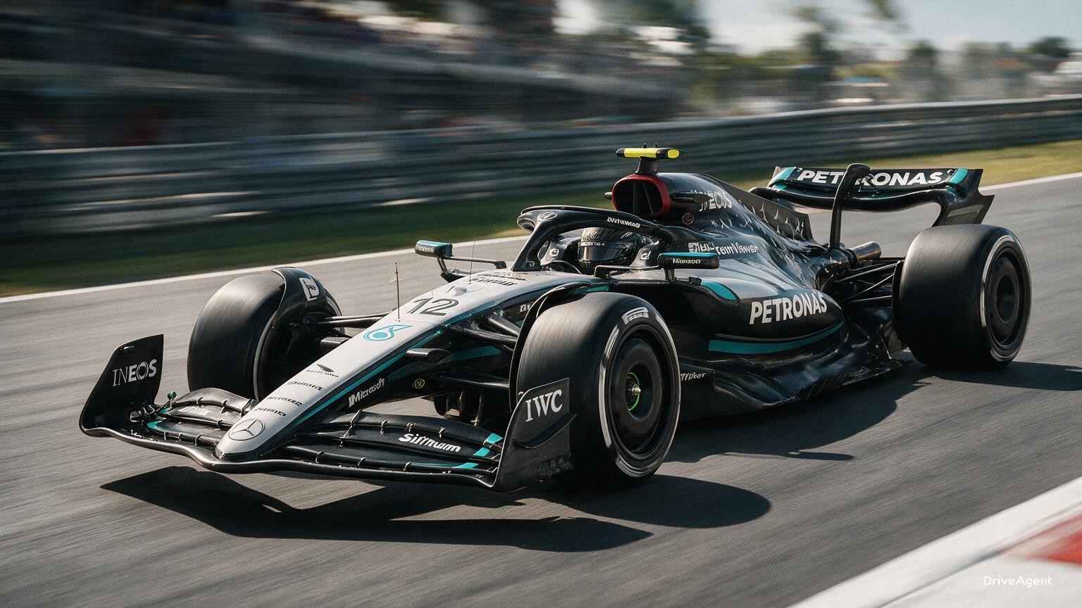 Editorial illustration of Mercedes-AMG W17, Mercedes car number 12, in a racing setting