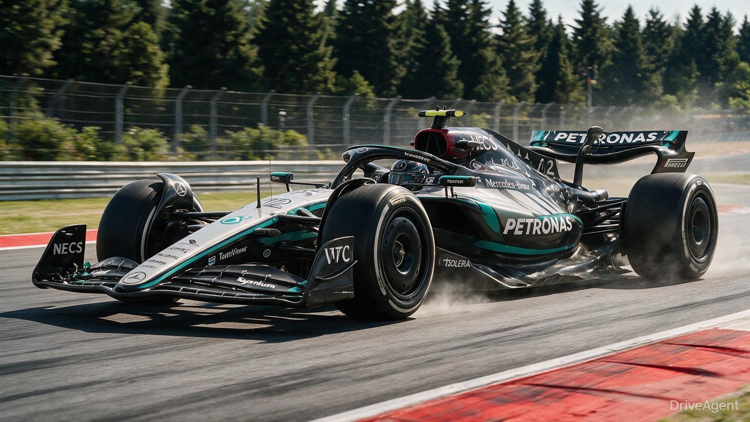 Editorial illustration of Mercedes-AMG W17, Mercedes car number 12, in a racing setting