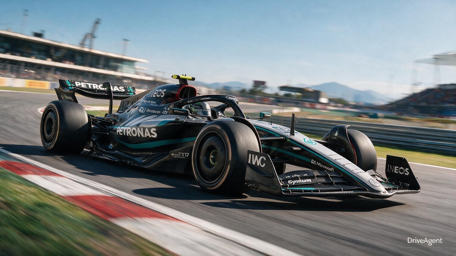 Editorial illustration of Mercedes-AMG W17, Mercedes car number 12, in a racing setting