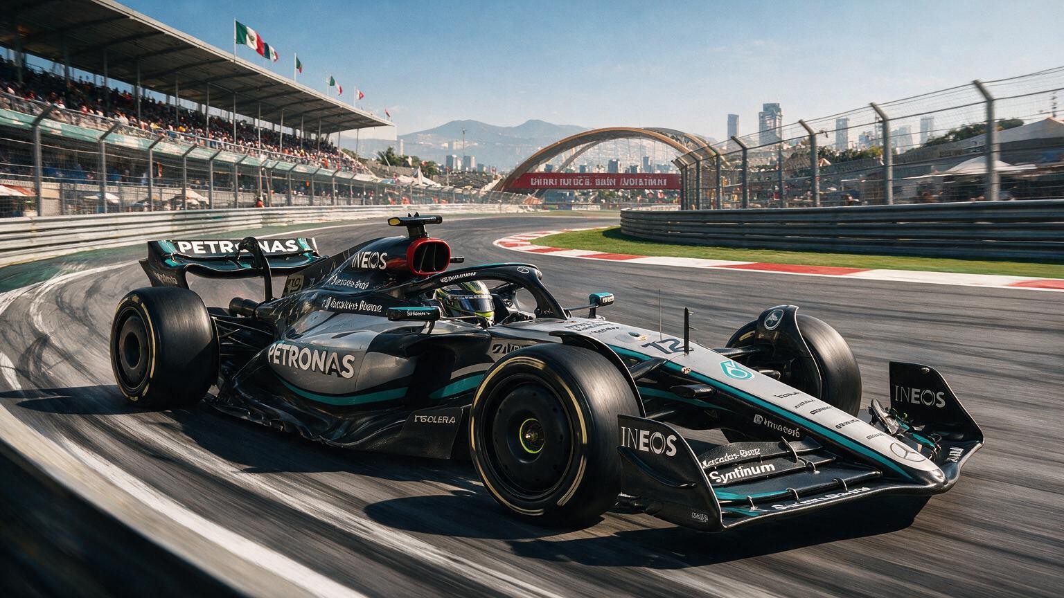 Editorial illustration of Mercedes-AMG W17, Mercedes car number 12, in a racing setting