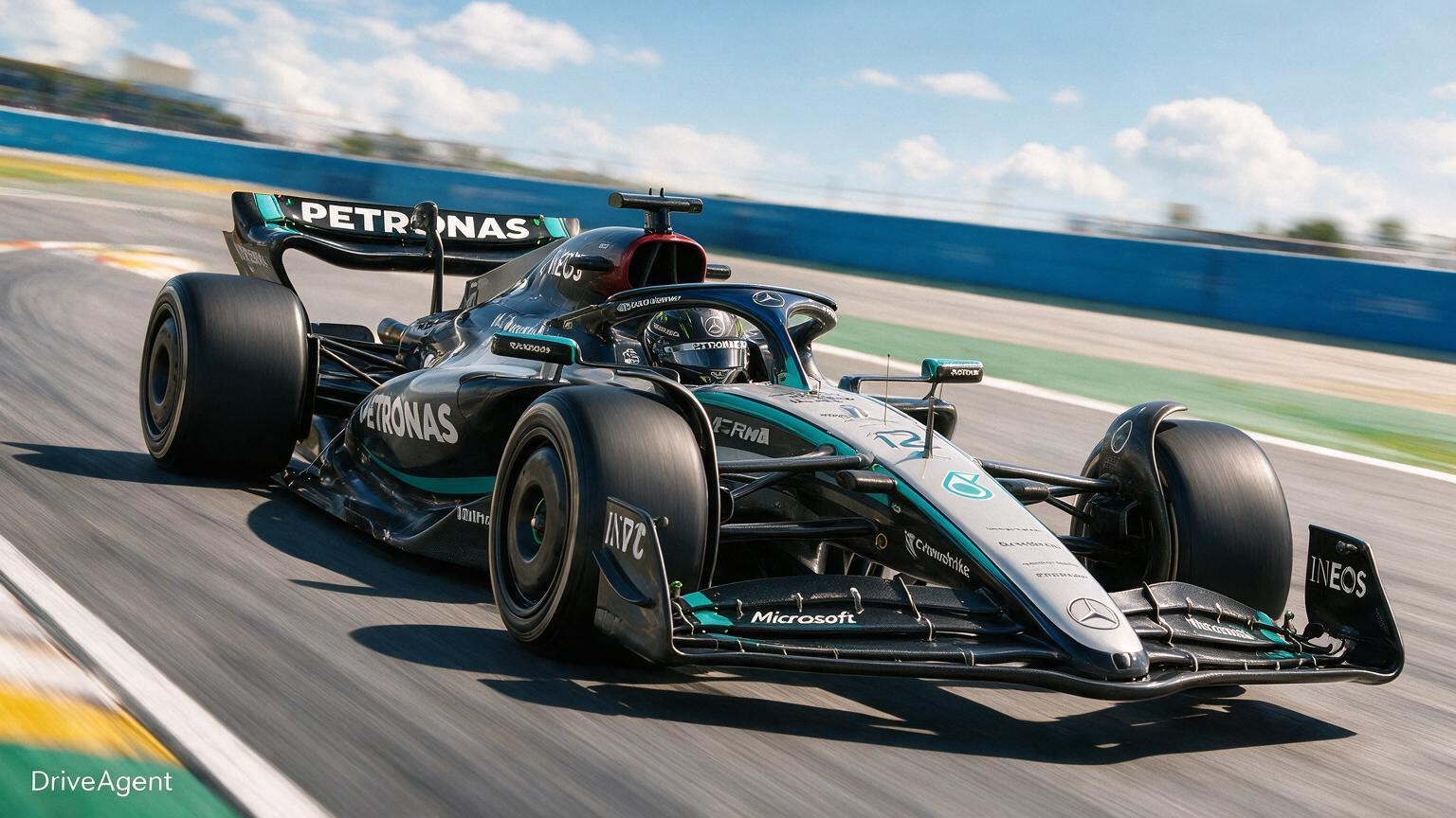 Editorial illustration of Mercedes-AMG W17, Mercedes car number 12, in a racing setting