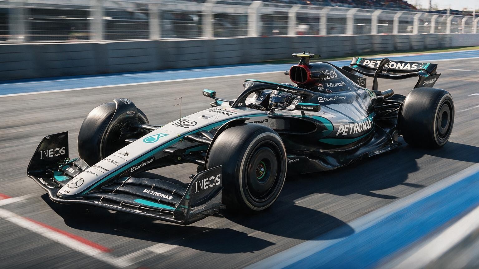 Editorial illustration of Mercedes-AMG W17, Mercedes car number 12, in a racing setting