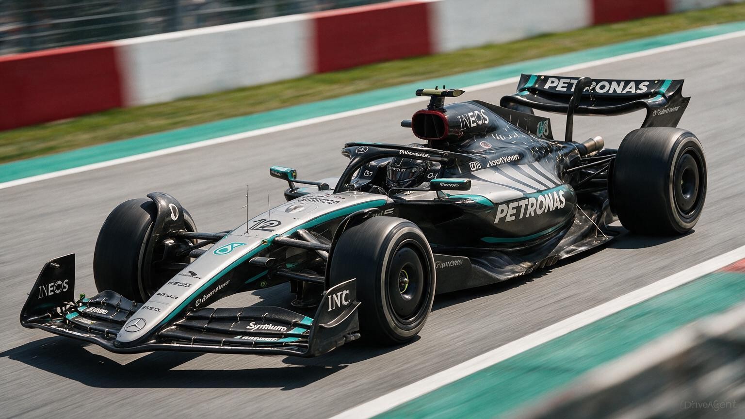 Editorial illustration of Mercedes-AMG W17, Mercedes car number 12, in a racing setting