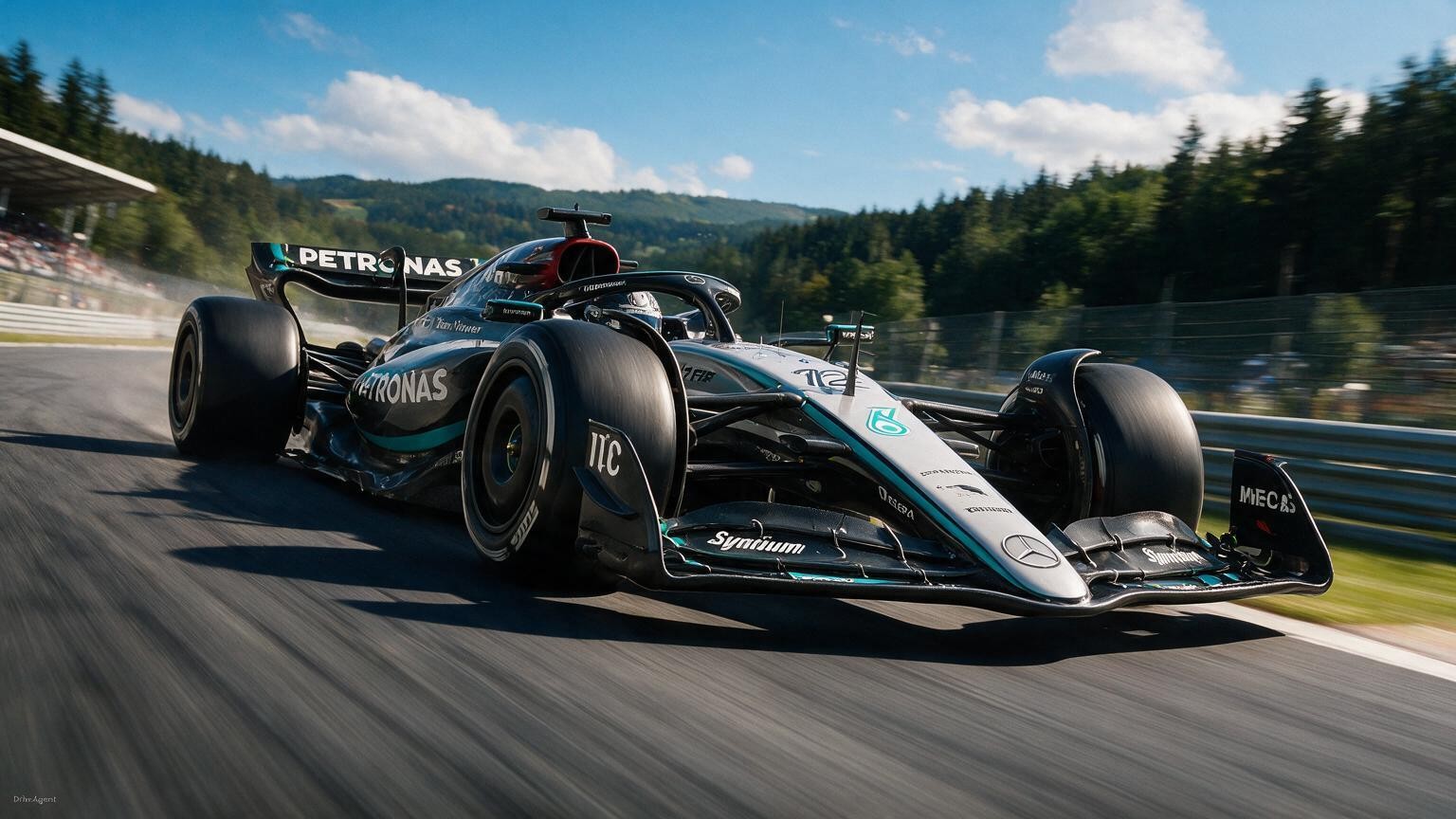 Editorial illustration of Mercedes-AMG W17, Mercedes car number 12, in a racing setting