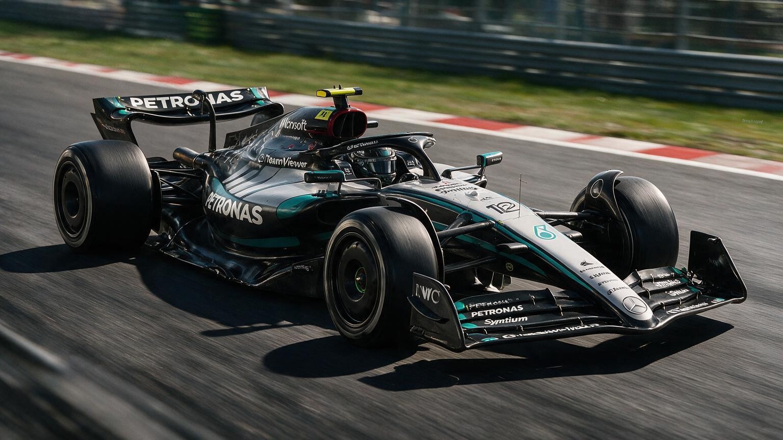 Editorial illustration of Mercedes-AMG W17, Mercedes car number 12, in a racing setting