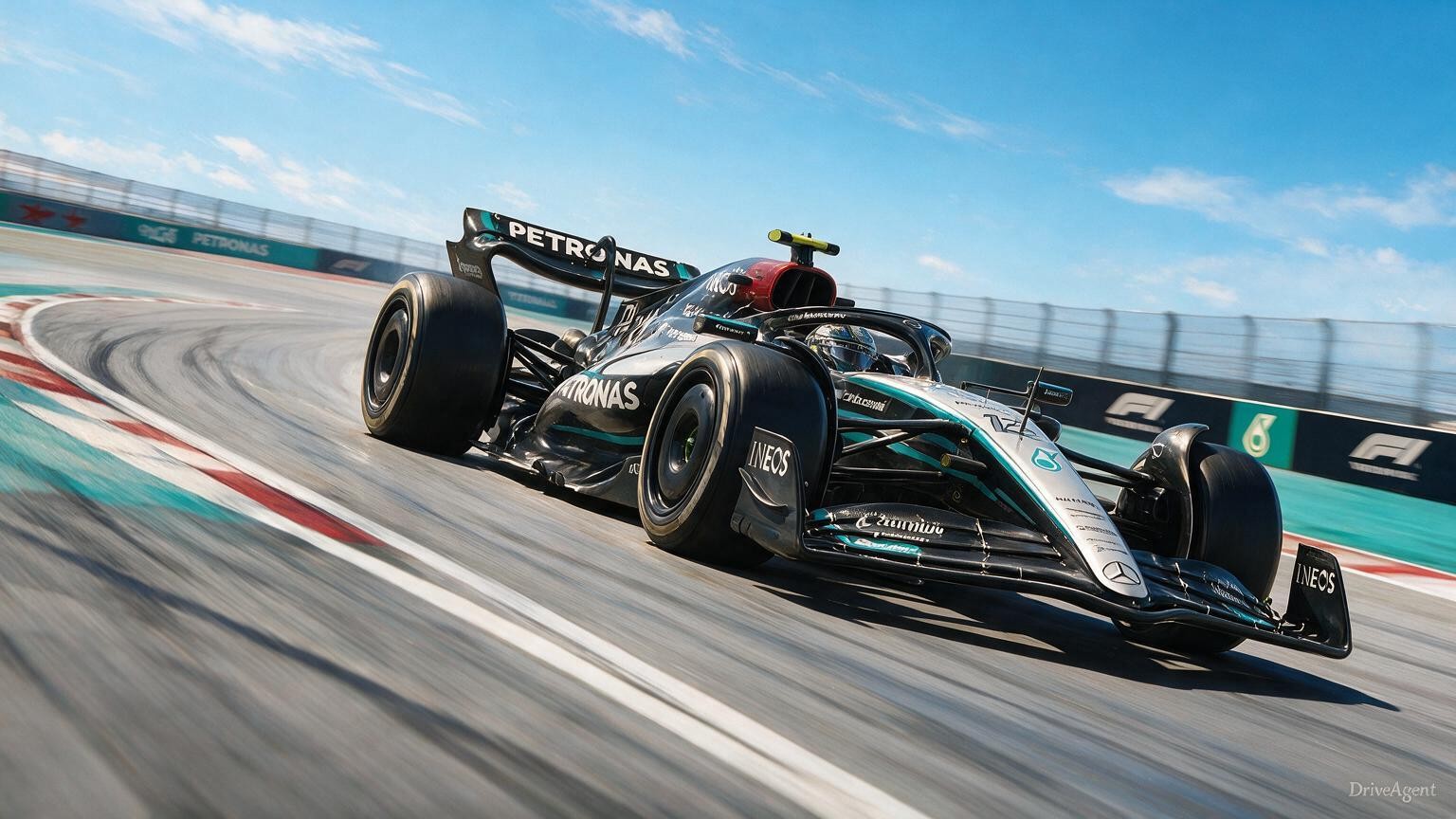 Editorial illustration of Mercedes-AMG W17, Mercedes car number 12, in a racing setting