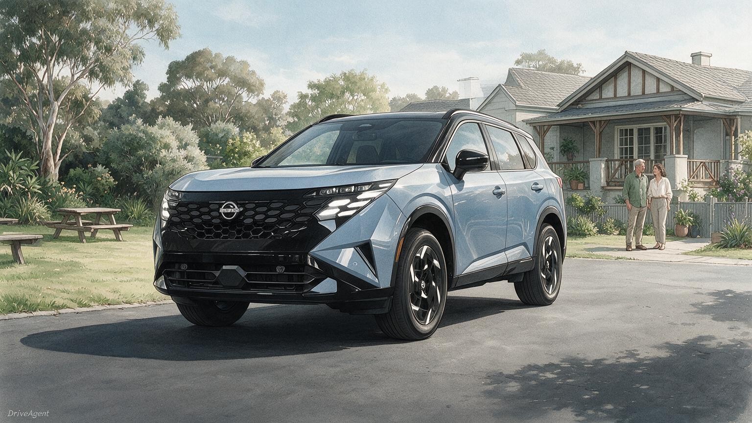 AI editorial illustration of a US-market 2027 Nissan Rogue Hybrid