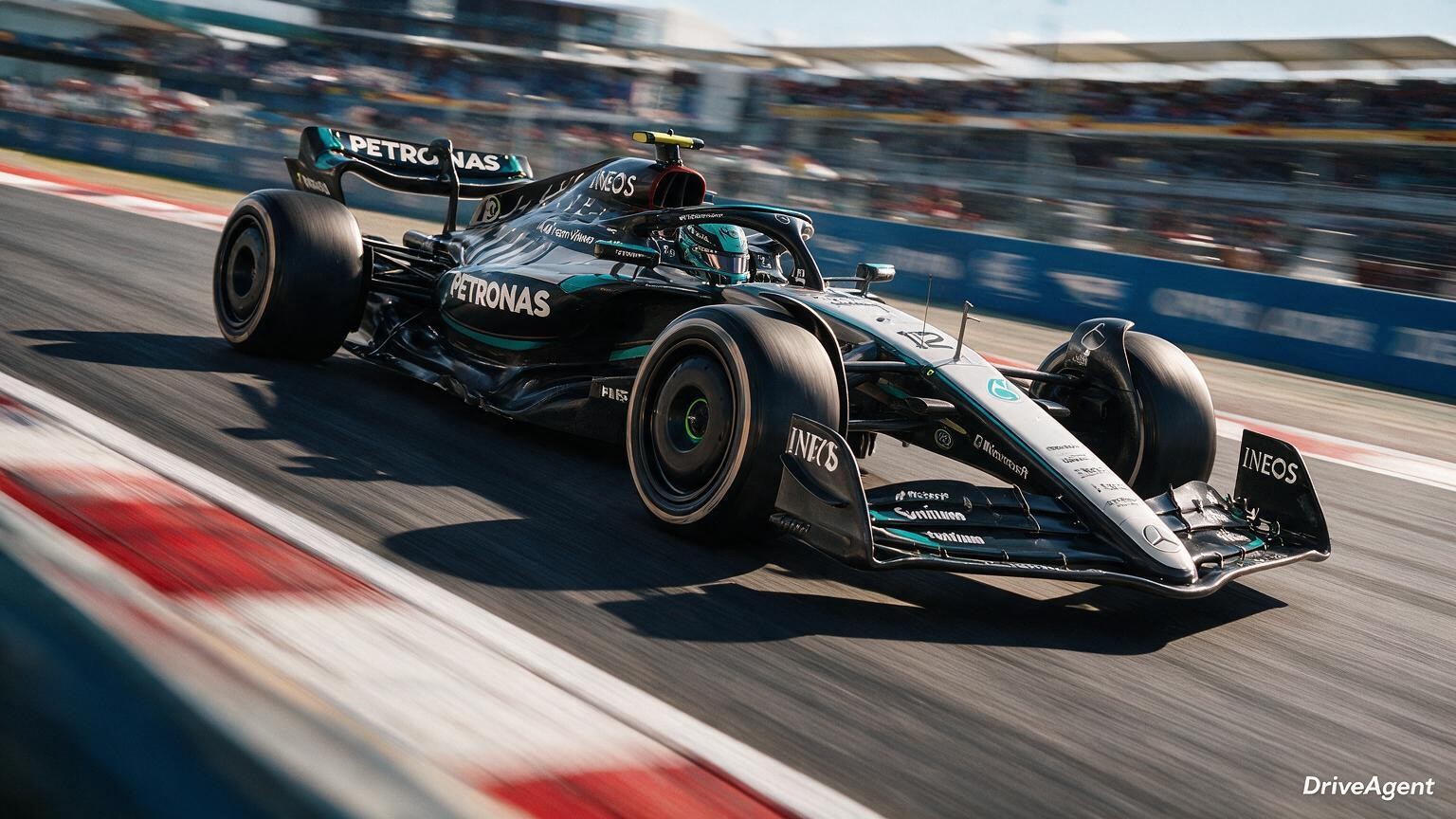 Editorial illustration of Mercedes-AMG W17, Mercedes car number 12, in a racing setting