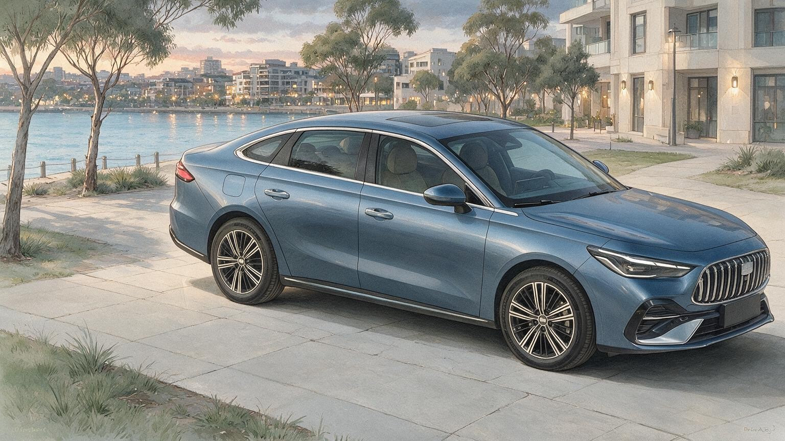 AI editorial illustration of a Geely Emgrand L EM-i